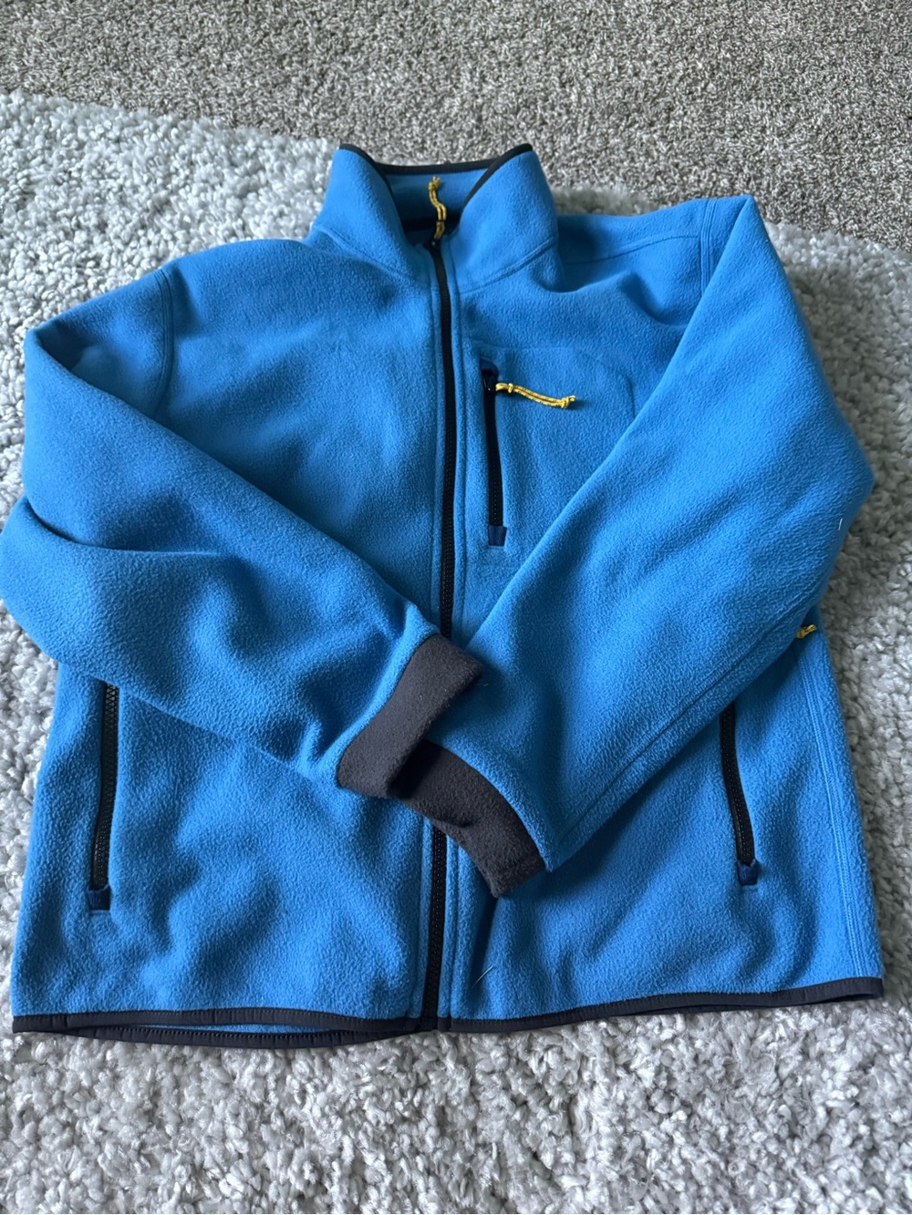 REI Bright Blue Fleece Jacket with Yellow Accent Zips